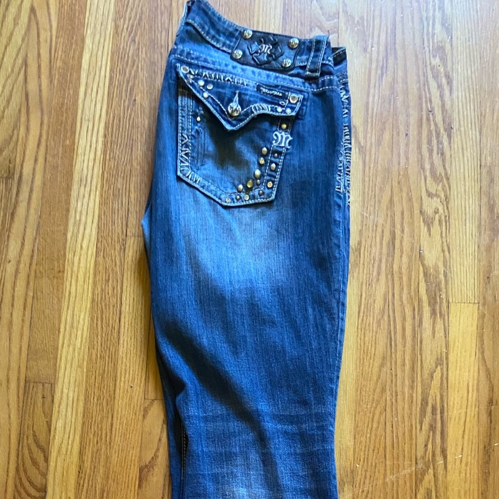 Miss Me Bling Sparkly Boot Cut Denim Jeans Size 31 tiny rips in the hem